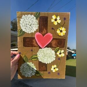 Floral Cross Cardboard Art with Heart 9x12